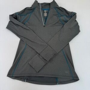 REI Womens Quarter Zip Pullover Gray Teal Stitching Thumbholes Back Pocket M